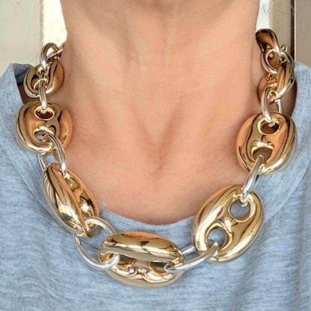 New Gorgeous Camila Coelho Big Puffed Gold Silver Mariner Links Necklace 18”+3” - Picture 5 of 16